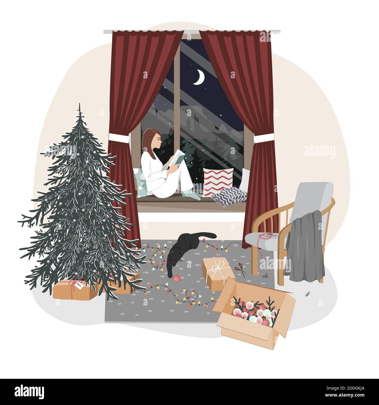 A cute relaxed girl sitting on a windowsill and reading. Hygge xmas mood with new year tree, playing cat, and winter window landscape. Christmas Stock Vector