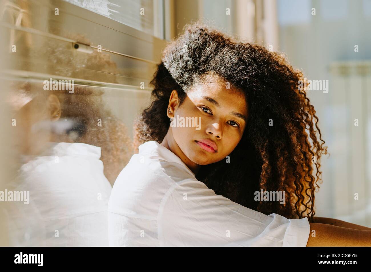 Side view of young African American female with gorgeous long curly hair looking at camera while sitting near window in sunlight Stock Photo