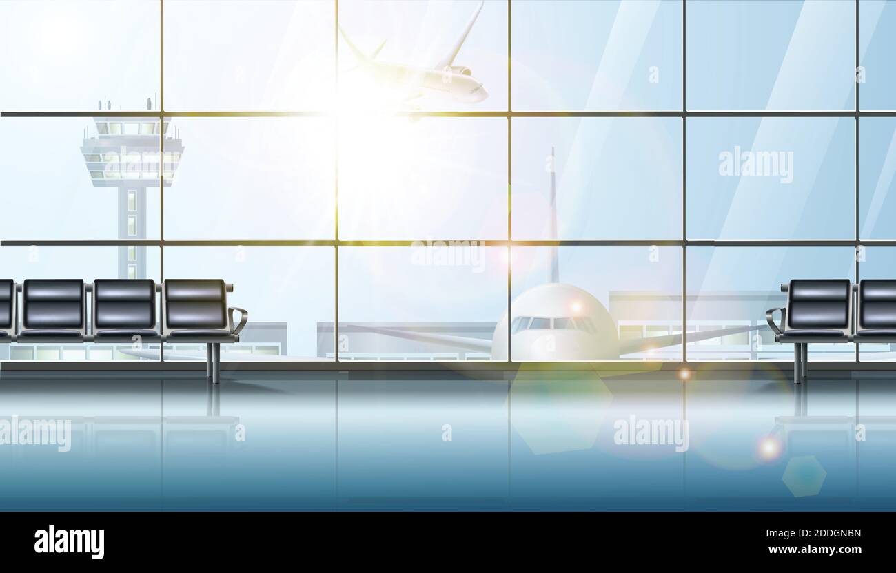 3d realistic vector airport terminal waiting area interior, with big windows and airplane and chairs for waiting. Stock Vector