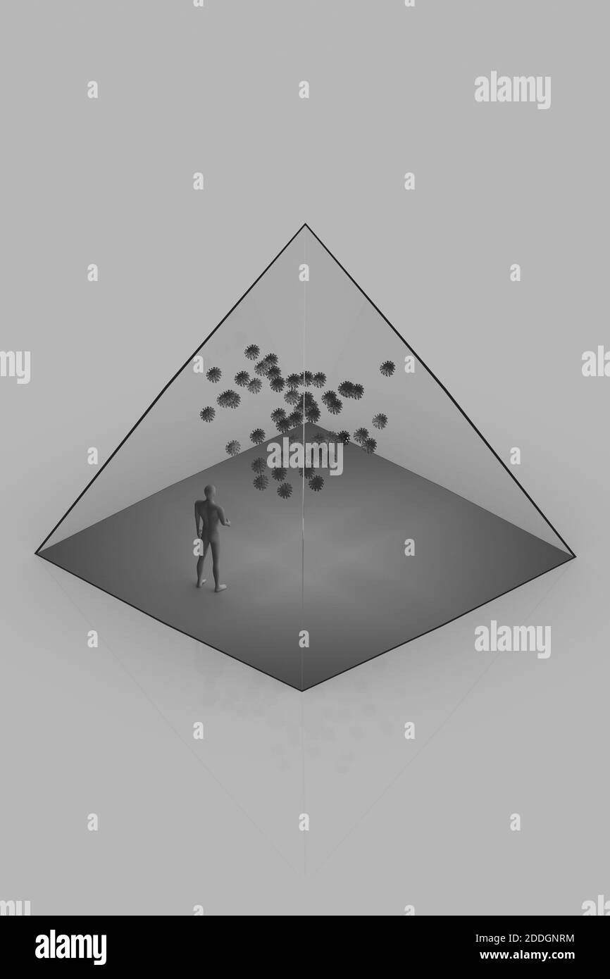 3d illustration with abstract human figure inside transparent glass tetrahedron with many virus cells Stock Photo