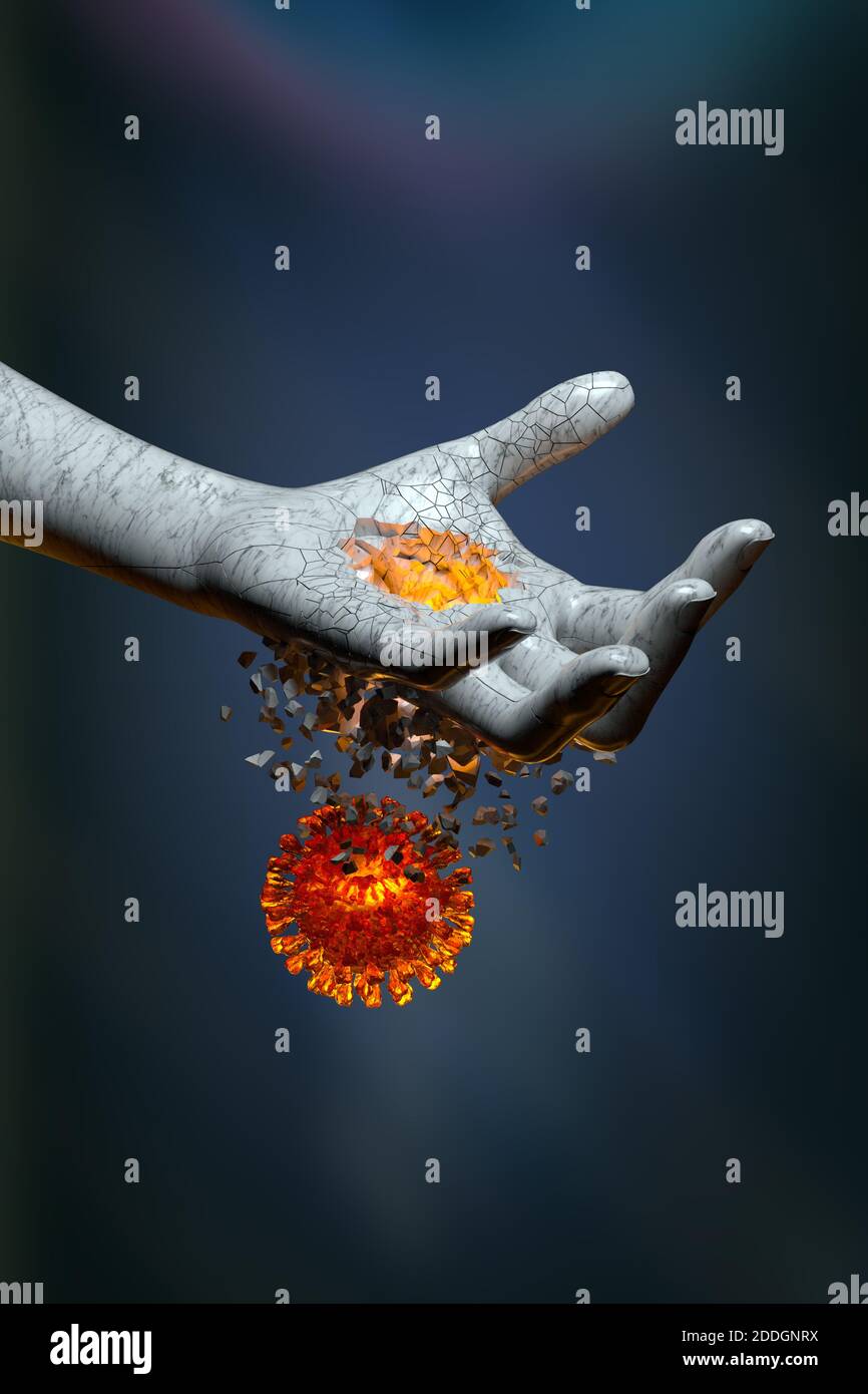 3d illustration of virus cell penetrating and destroying human hand representing medicine and health care concept design on gray background Stock Photo