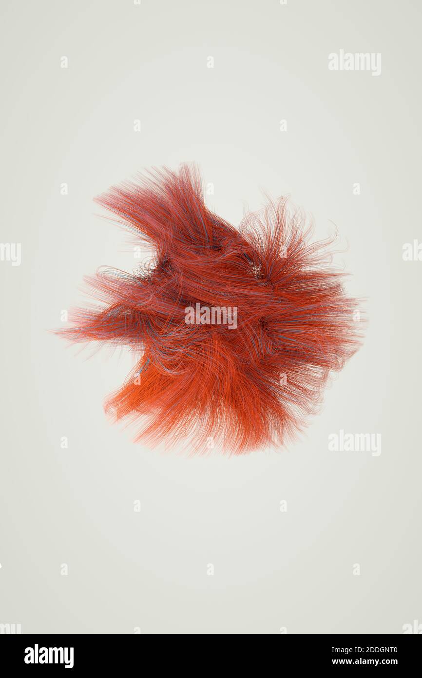 Minimalistic design with bunch of bright red colored fluffy fur placed on white background Stock Photo