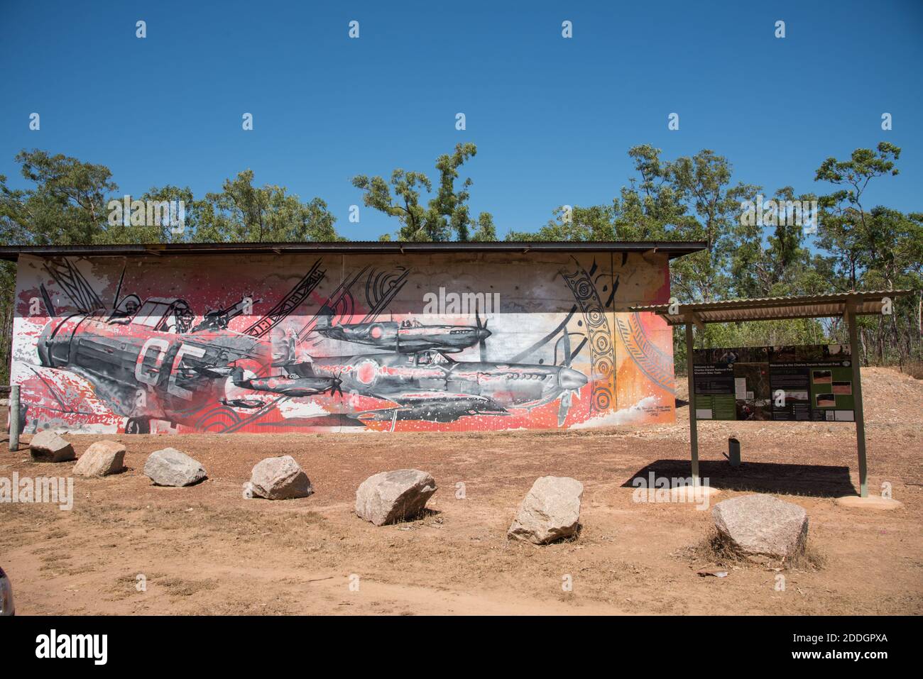 Darwin, NT, Australia-August 15,2018: Building with mural and informational sign at Charles Darwin National Park in the NT of Australia Stock Photo