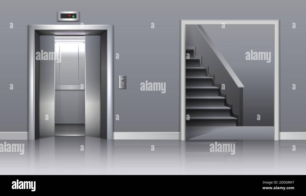 3d realistic vector office building elevator with half closed doors and