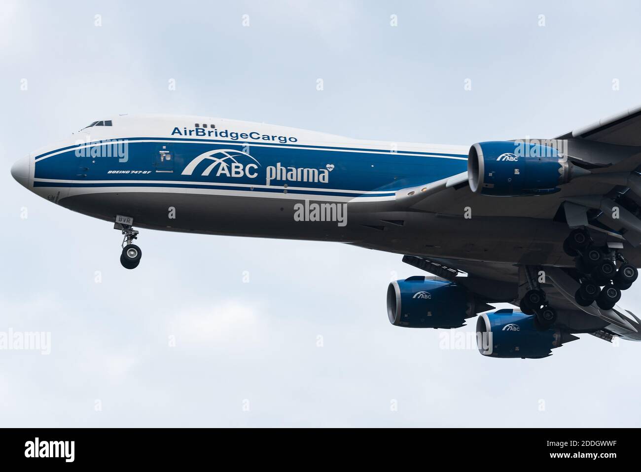 A Boeing 747-8 cargo aircraft of the Russian cargo airliner AirBridgeCargo. Stock Photo