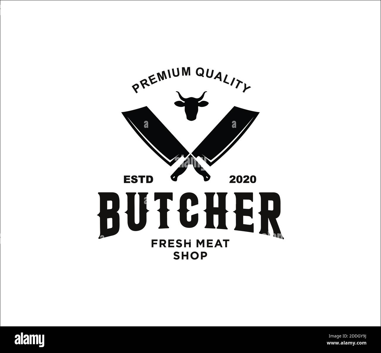 Vintage butcher shop logo with meat knives and bull head Stock Photo ...