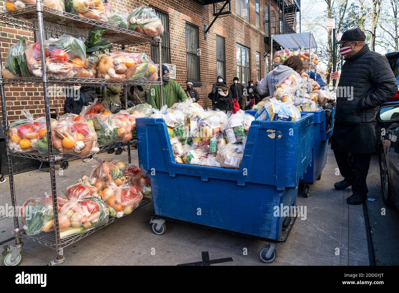 Bags of groceries and produce ready for distribution by National Guards and Governor Cuomo at NY Common Pantry. Many people because of pandemic lost their jobs, income and slipped behind on rent, they started to rely on many pantries around the state to receive free groceries and produce. That is American tradition to have turkey for dinner on Thanksgiving Day holiday and Governor Cuomo helped organize distribution of Butterball and Shady Brook Farms turkeys. Governor as well as Common Pantry volunteers and staff and members of National Guards were wearing special facial mask “Don't be a turke Stock Photo