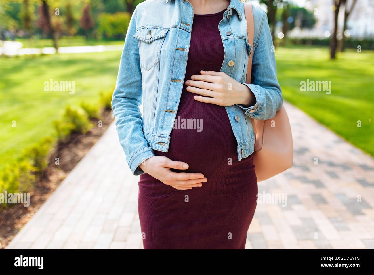 macro photo, pregnant woman hugs belly in park Stock Photo - Alamy