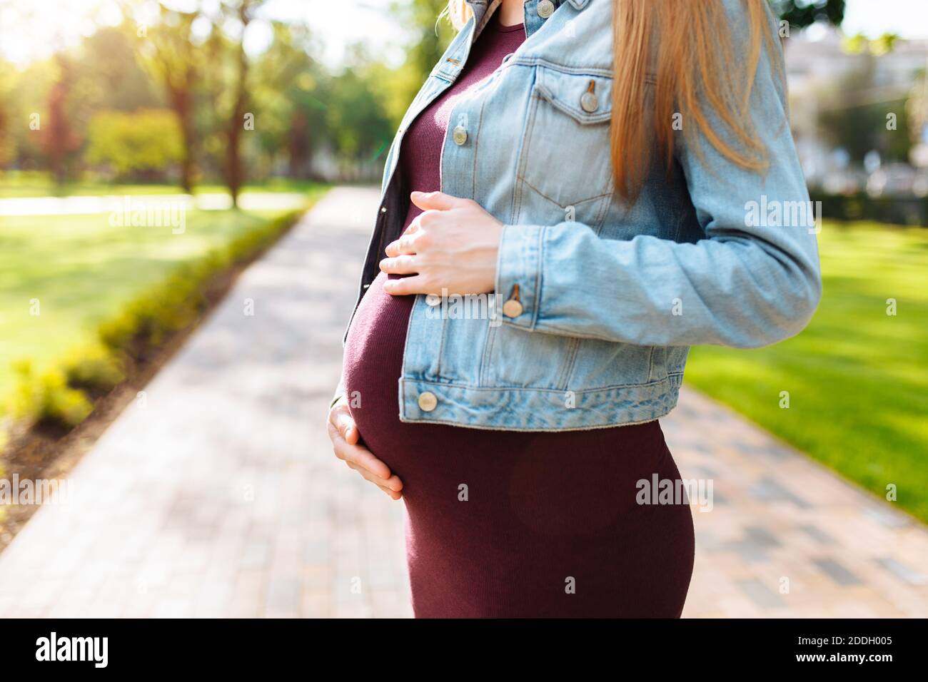 macro photo, pregnant woman hugs belly in park Stock Photo - Alamy