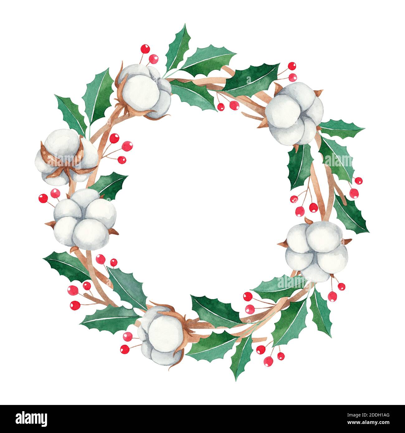 Christmas wreath with red berries and cotton flowers, watercolor paint ...