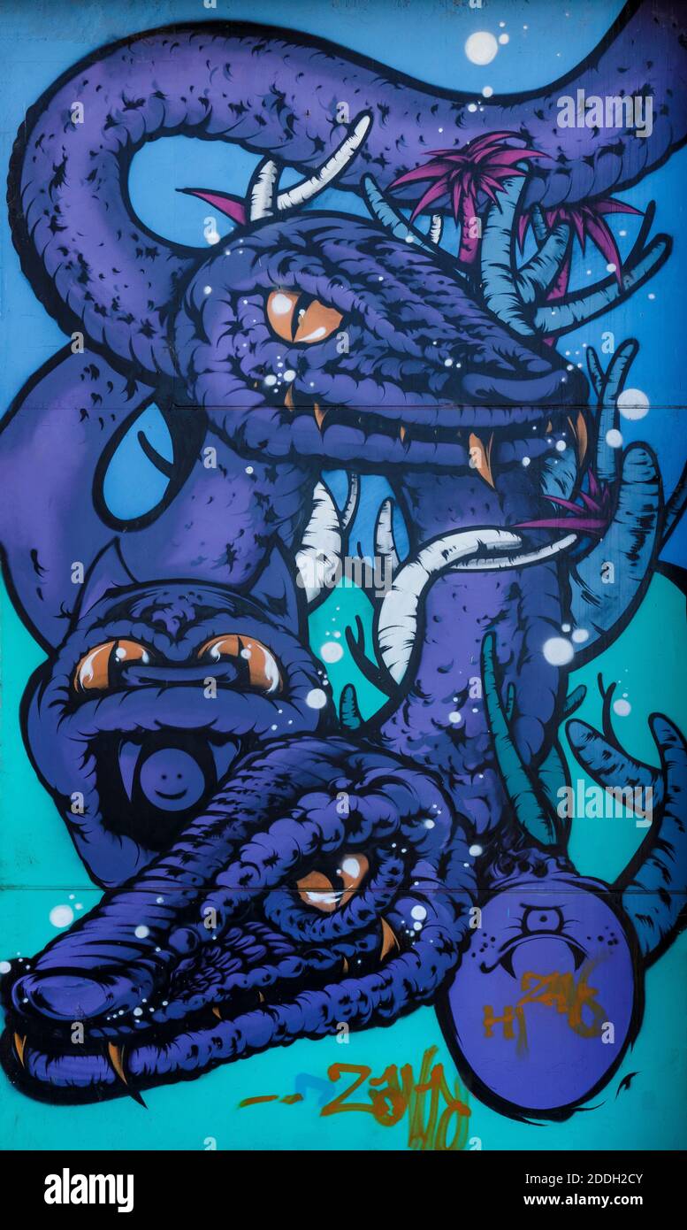 Sea Monsters by the Auckland artist Berst. These are painted panels in a comic book / tattoo style, Isaac Theatre Royal, Christchurch New Zealand. Stock Photo