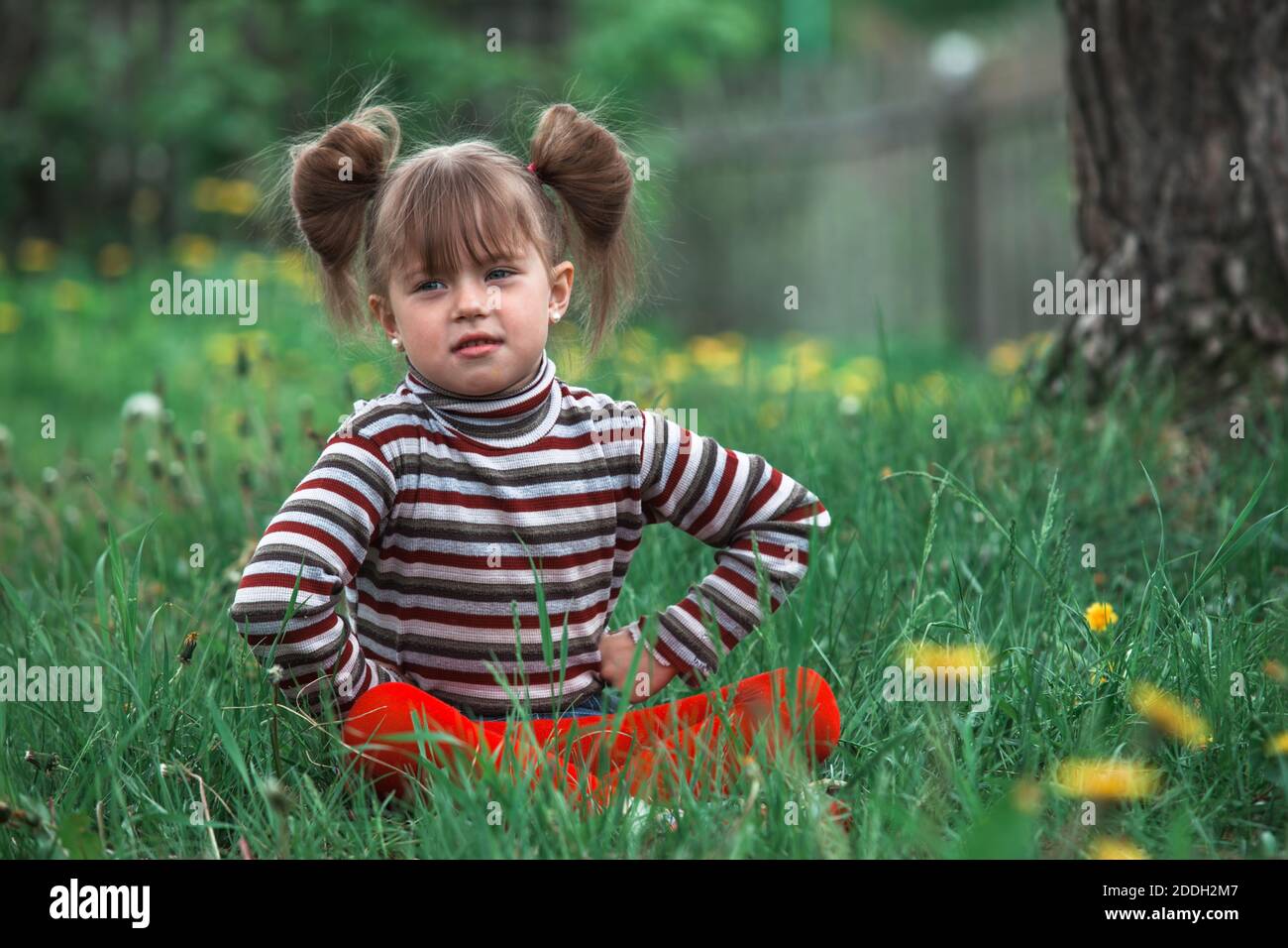 Little cute girl sitting on the green grass in the Park Stock Photo - Alamy