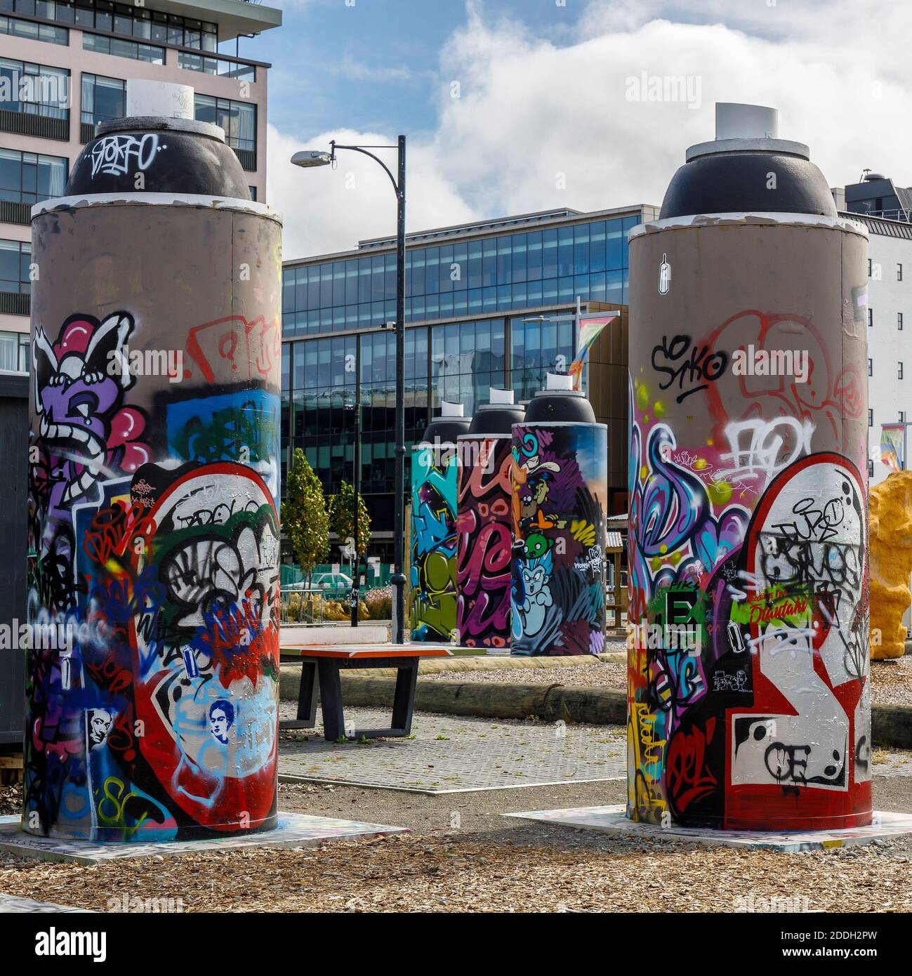 Giant Spray Cans as a street art installation in Christchurch, New Zealand Stock Photo Alamy