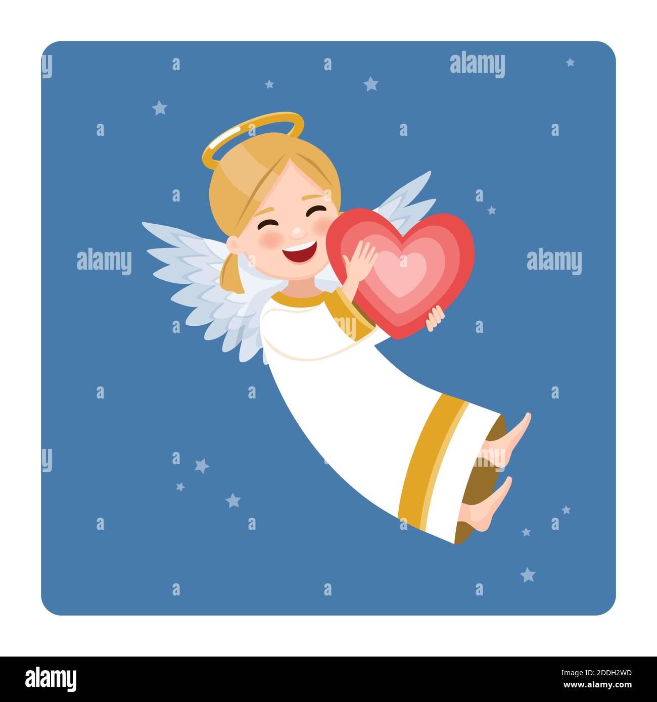 Happy angel with red heart on blue sky and stars background. Flat vector illustration Stock ...