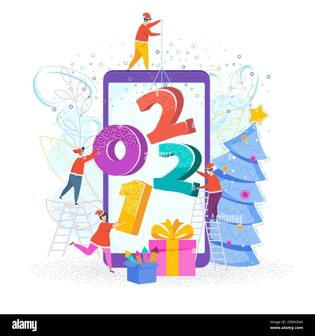 Tiny people set numbers 2021 on the screen of a mobile phone Stock