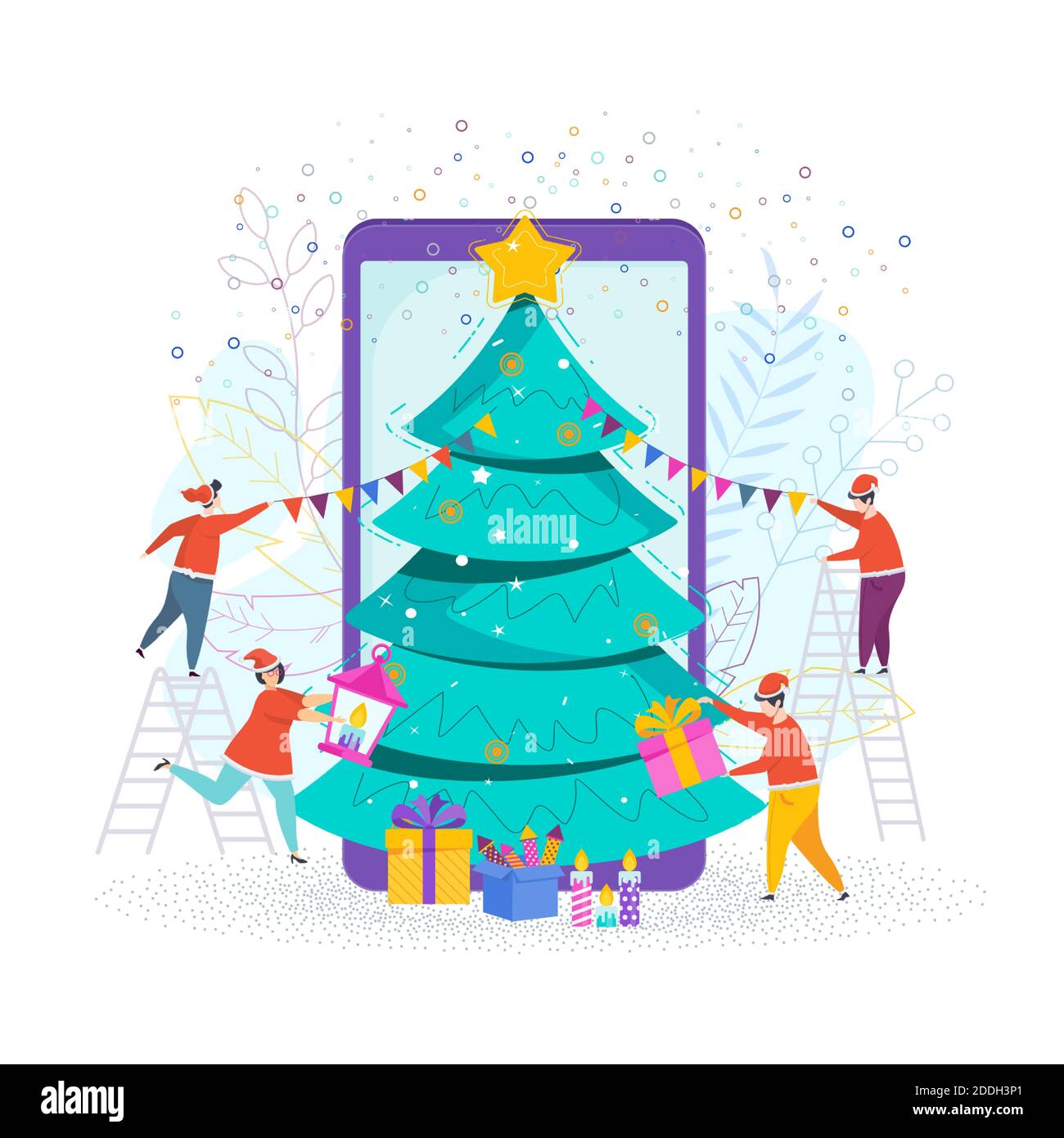 A group of people decorate a Christmas tree in mobile phone Stock Vector