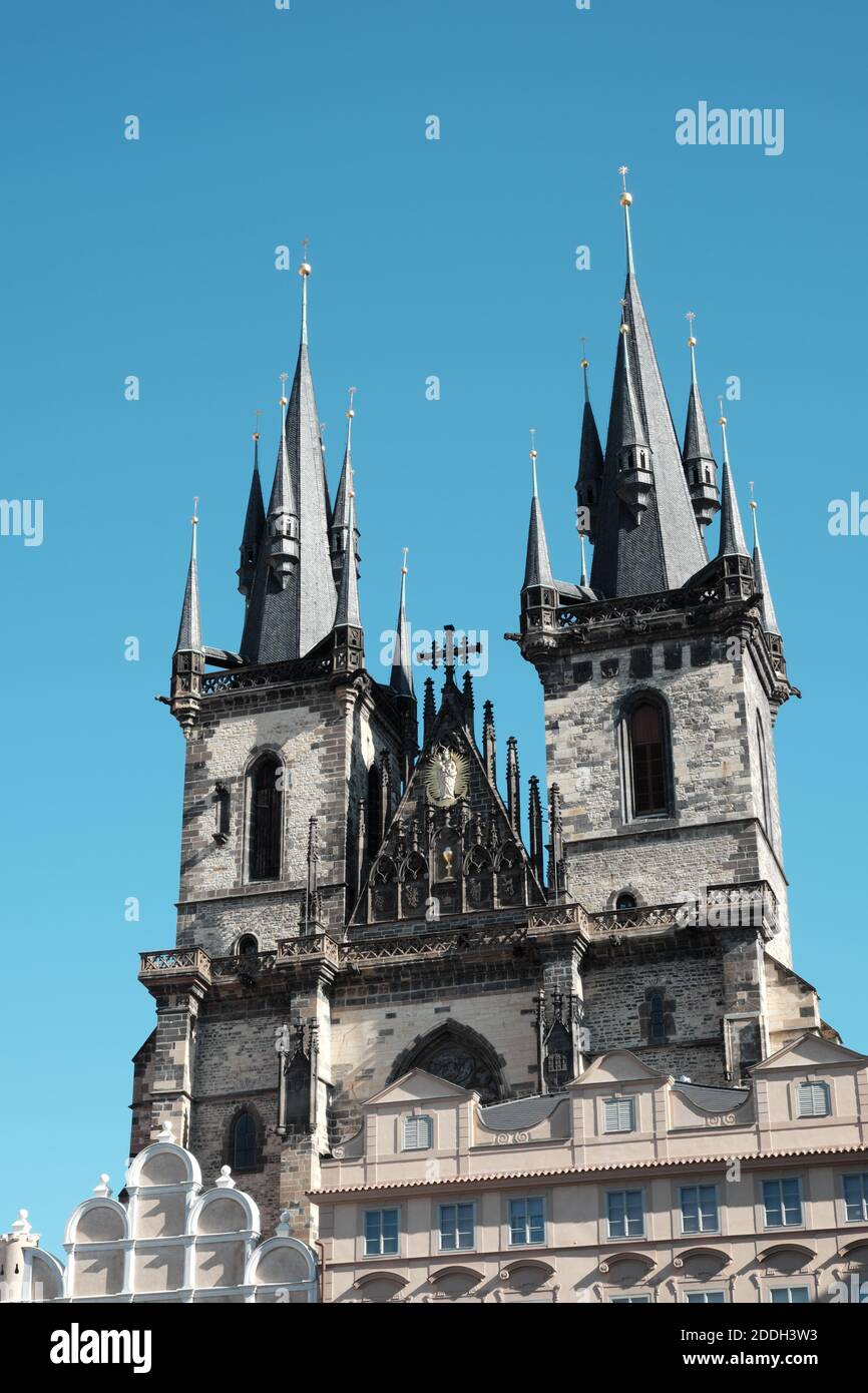 Temple of the Virgin Mary in Prague. Towers of the Tyn Church. Stock Photo