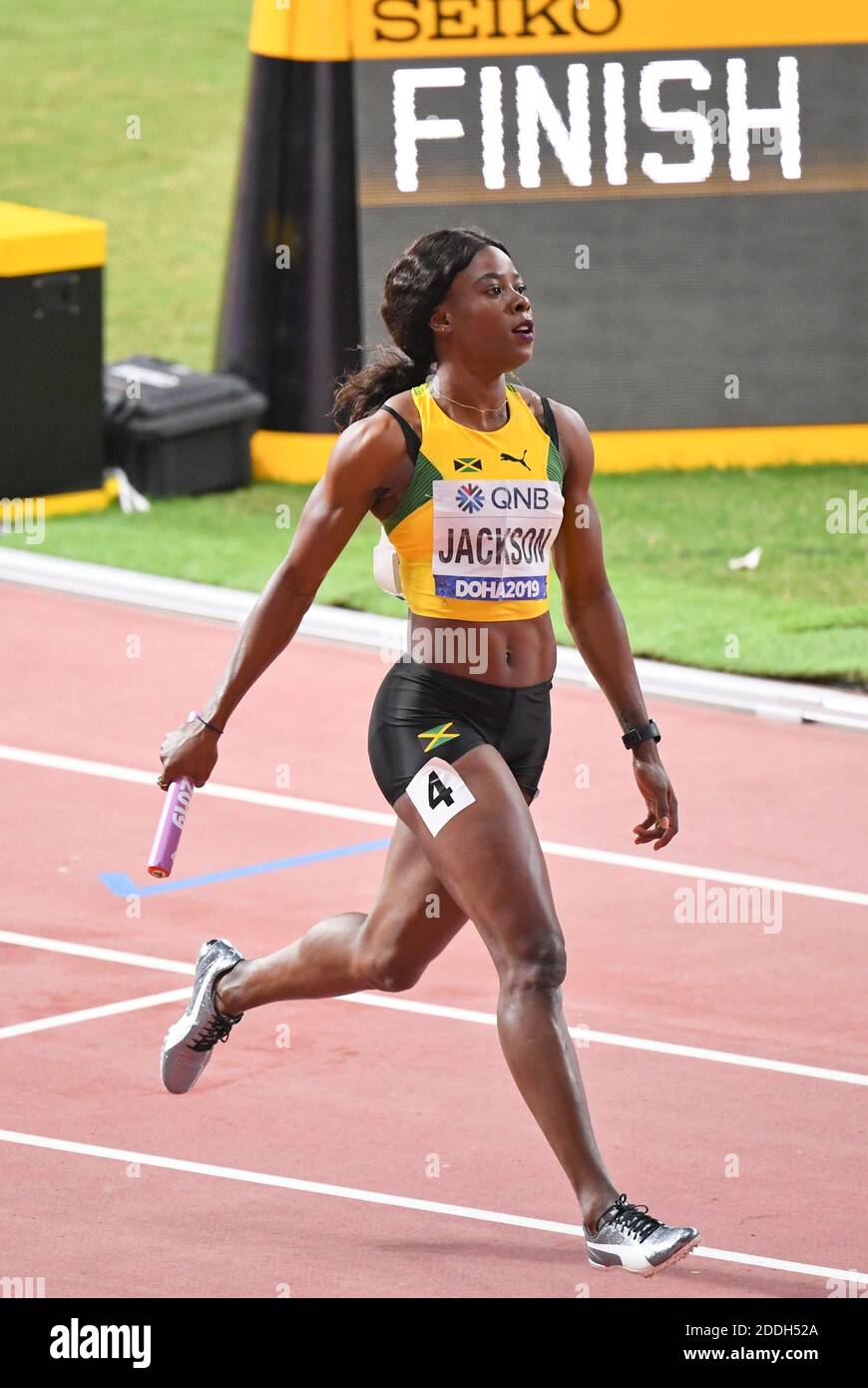 Shericka Jackson (Jamaica). 4x100 relay women Gold Medal. IAAF World Athletics Championships, Doha 2019 Stock Photo