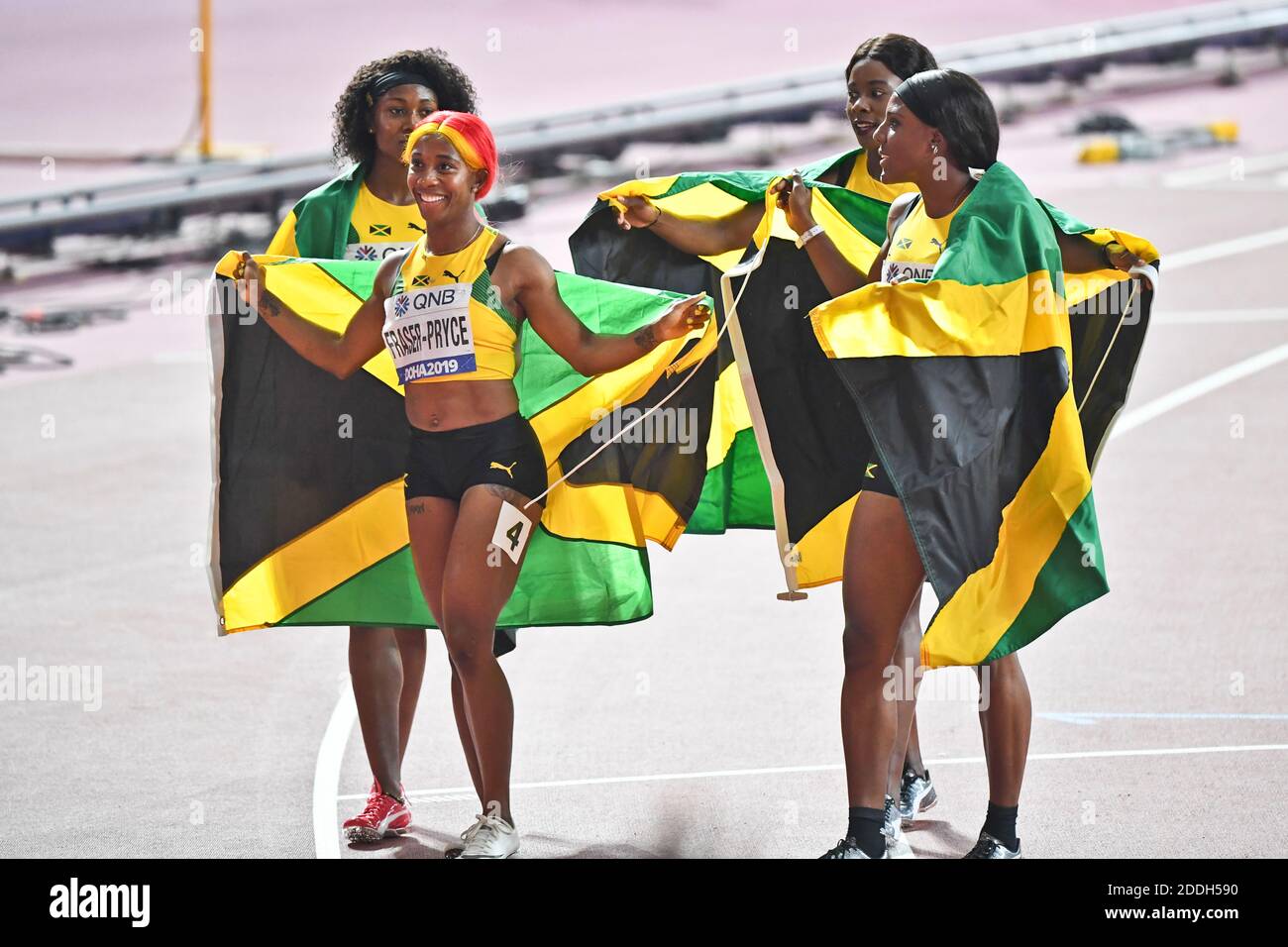 Natalliah Whyte, Shelly-Ann Fraser-Pryce, Jonielle Smith, Shericka Jackson (Jamaica). 4x100 relay Gold Medal. World Athletics Championships, Doha 2019 Stock Photo