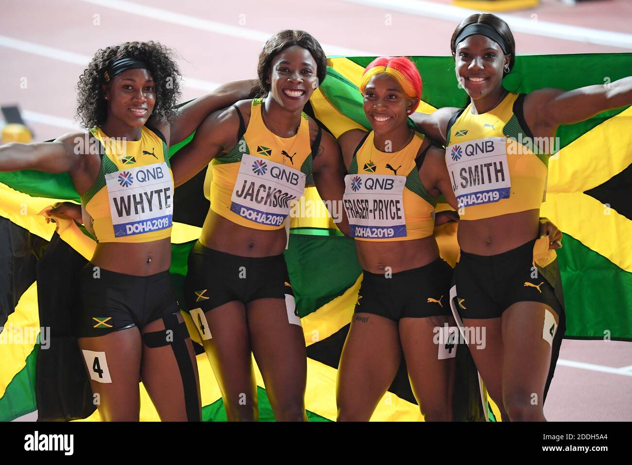 Natalliah Whyte, Shelly-Ann Fraser-Pryce, Jonielle Smith, Shericka Jackson (Jamaica). 4x100 relay Gold Medal. World Athletics Championships, Doha 2019 Stock Photo