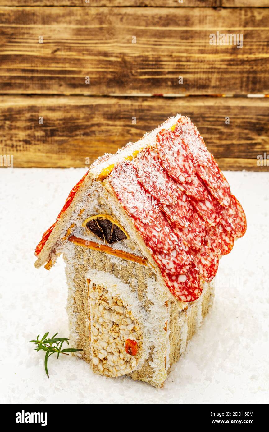 Charcuterie Chalet Or The Meat Hut As Christmas Newest Food Trend New Year Keto Gingerbread House With Traditional Decor And Symbols White Putty Bac Stock Photo Alamy