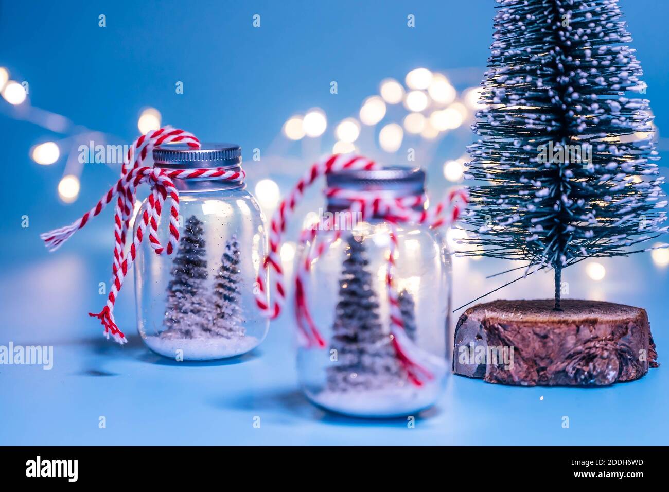 Christmas tree in a jar with snow and bokeh Christmas lights isolated on a  blue background. Christmas card design idea. Blue christmas background wit  Stock Photo - Alamy, image size:1300x956
