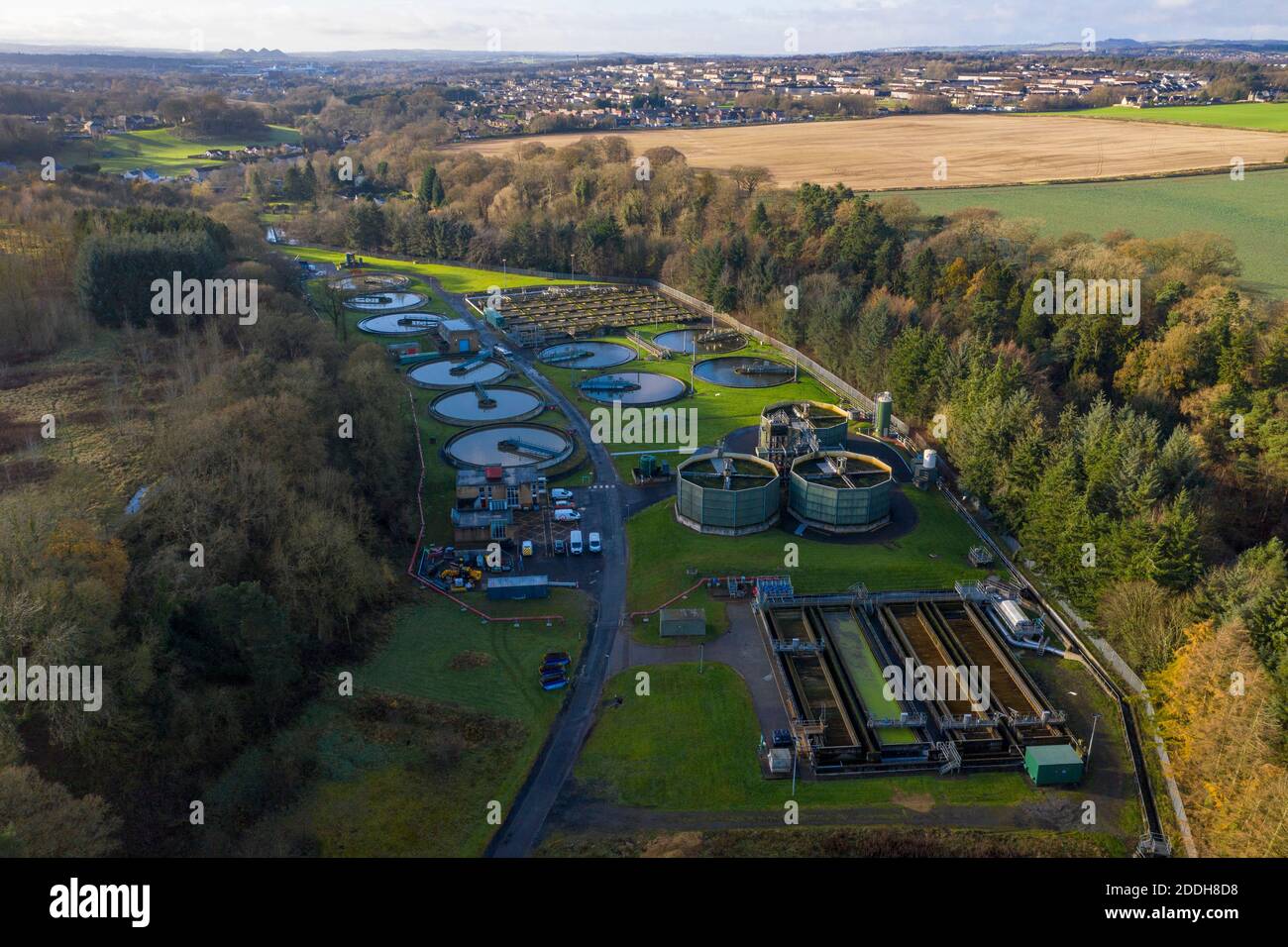 Aerial view of the East Calder Waste Water Treatment Works and Almondell Country Park, West Lothian, Scotland. Stock Photo