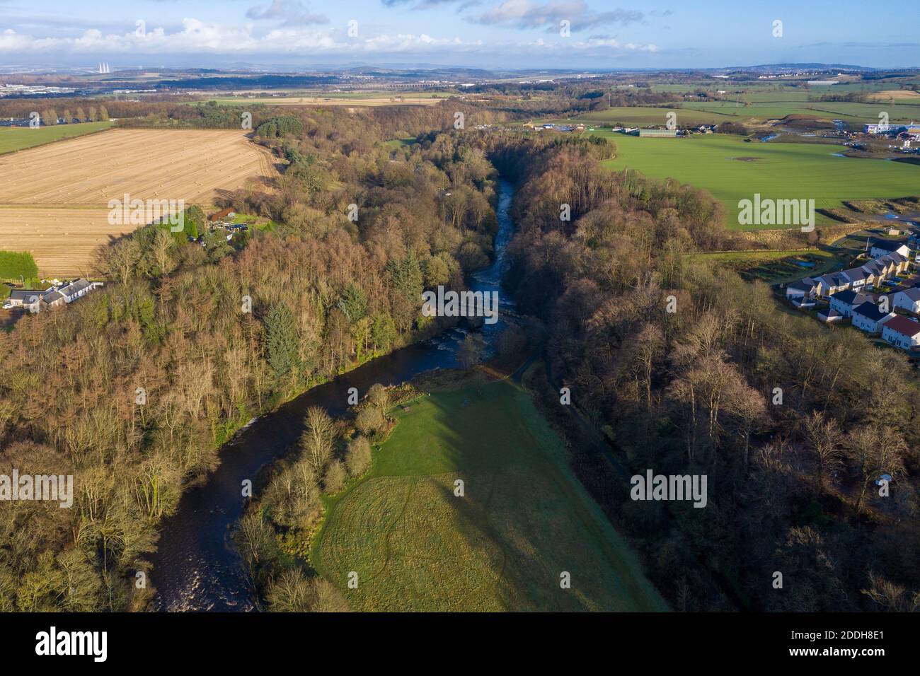 Aerial view of the River Almond in the Almondell and Calderwood Country park, East Calder, West Lothian. Stock Photo