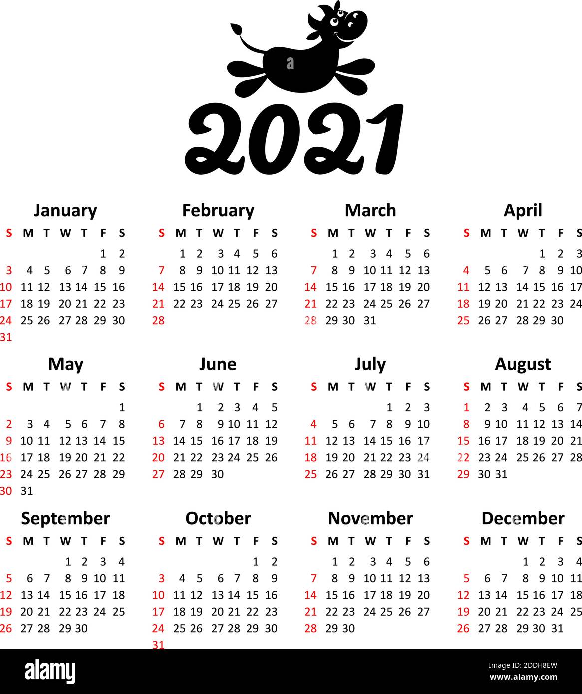 2021 Calendar template. Week starts on Sunday.  Illustration, vector Stock Vector