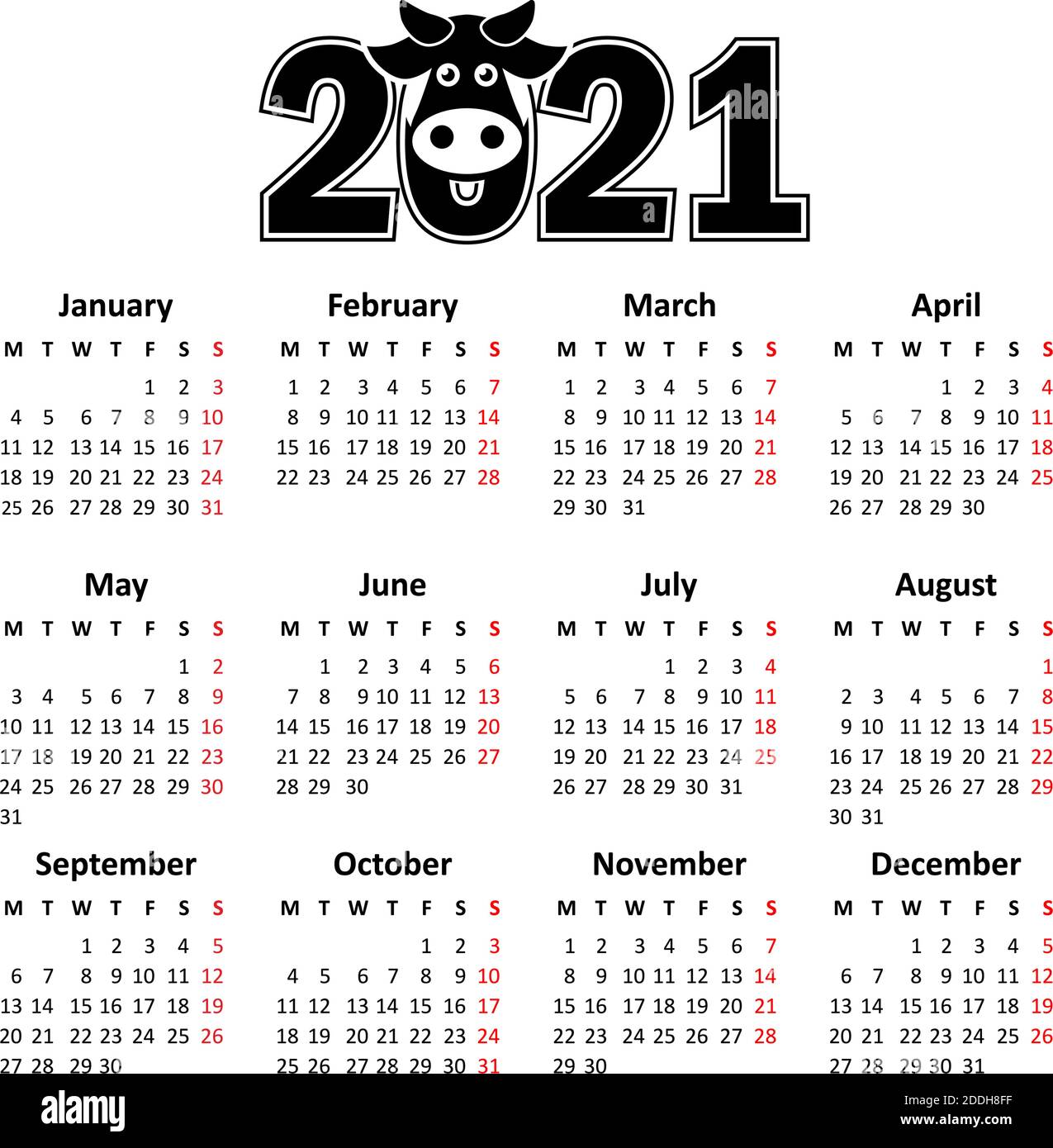 2021 Calendar template. Week starts on Monday. Illustration, vector Stock Vector