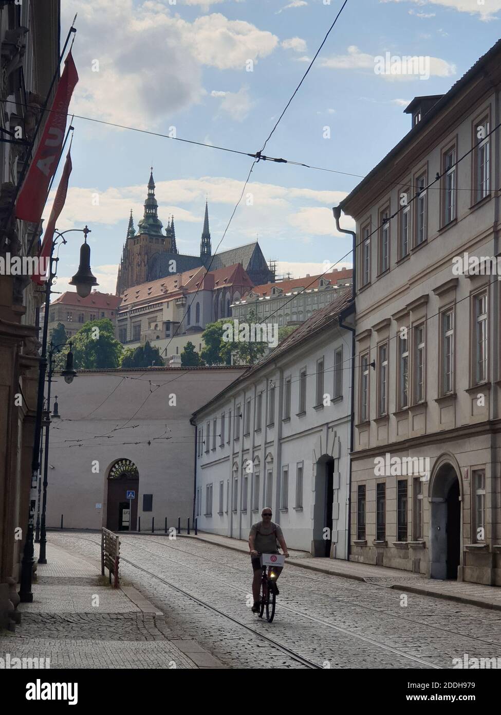 Prague Castle with a biker crossing view, Prague, Czech Republic, Europe Stock Photo