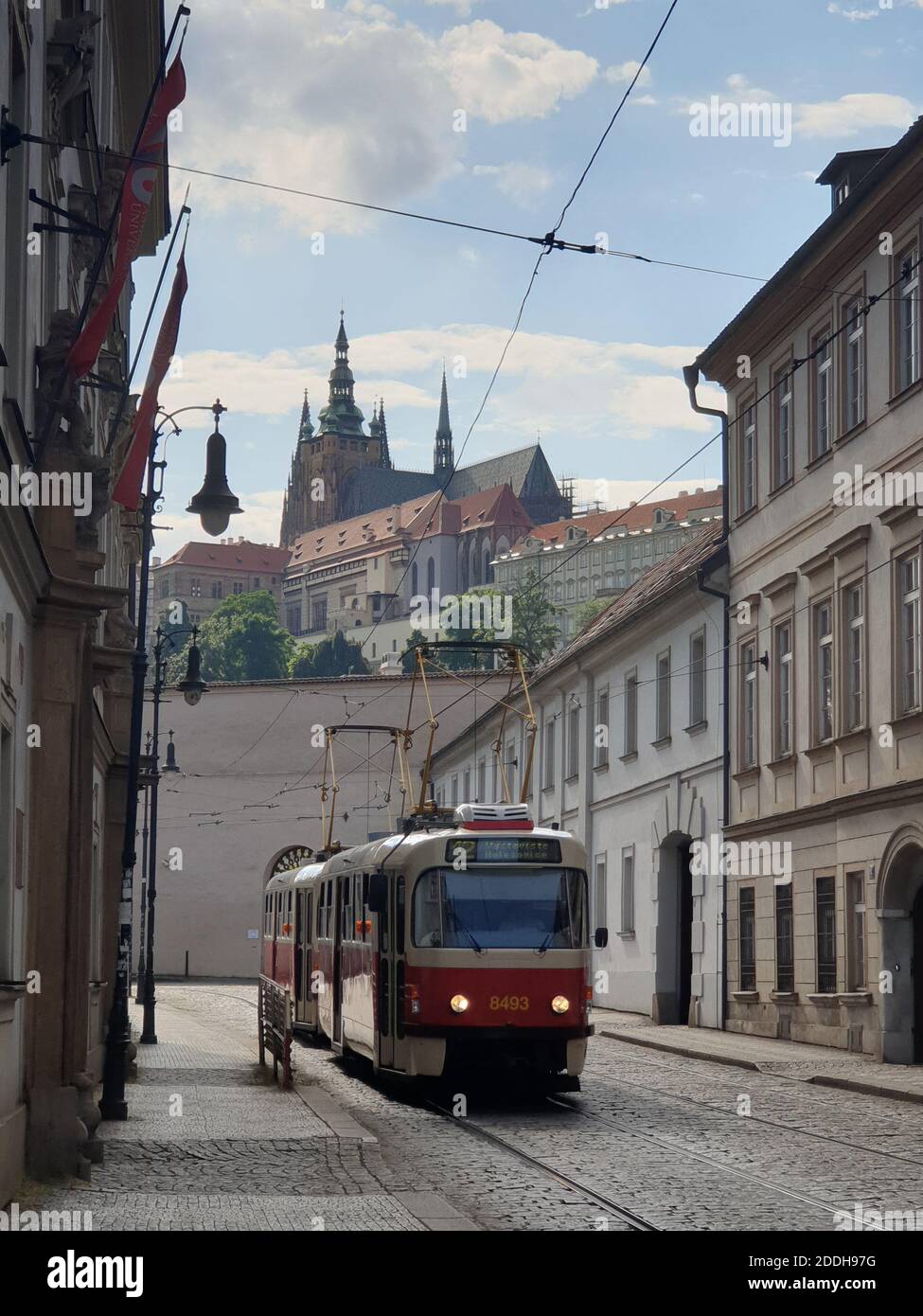 Prague Castle with tram crossing view, Prague, Czech Republic, Europe Stock Photo