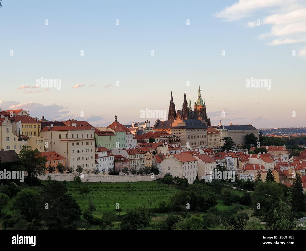 Petriny Tower with Prague Castle Sunset View, Prague, Czech Republic, Europe Stock Photo