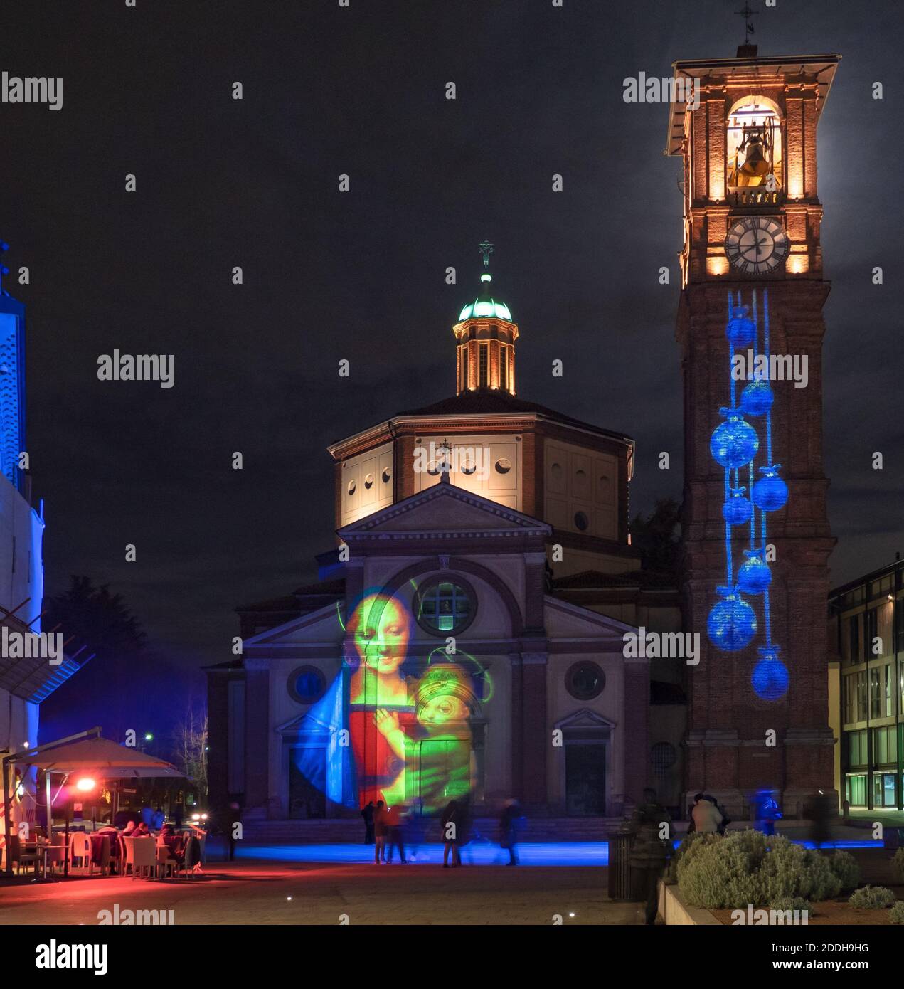 Christmas time in the city center.Xmas light and decorations on the church and tower bell.Legnano,Metropolitan city of Milan, Lombardy, Italy Stock Photo
