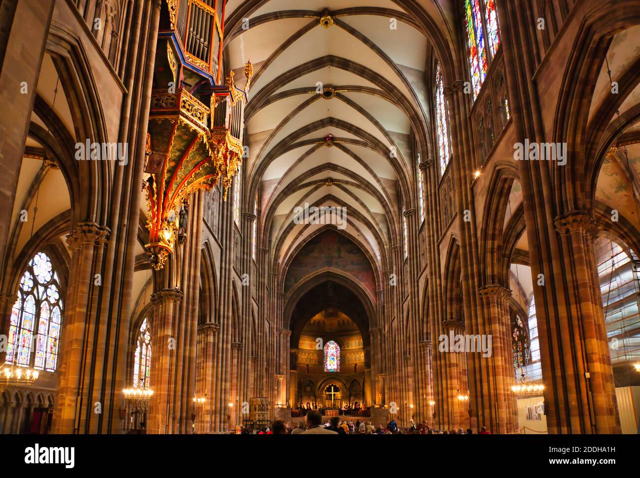 The interior of Strasbourg Cathedral with a view through the pillars and a beautiful roof overhead Stock Photo