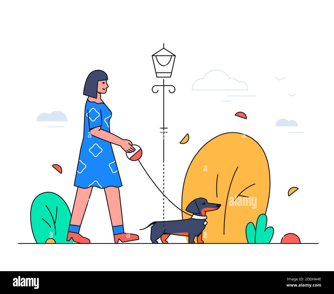 Girl walking a dog - modern flat design style illustration with line elements. A colorful composition with a smiling young woman in the park with her Stock Vector