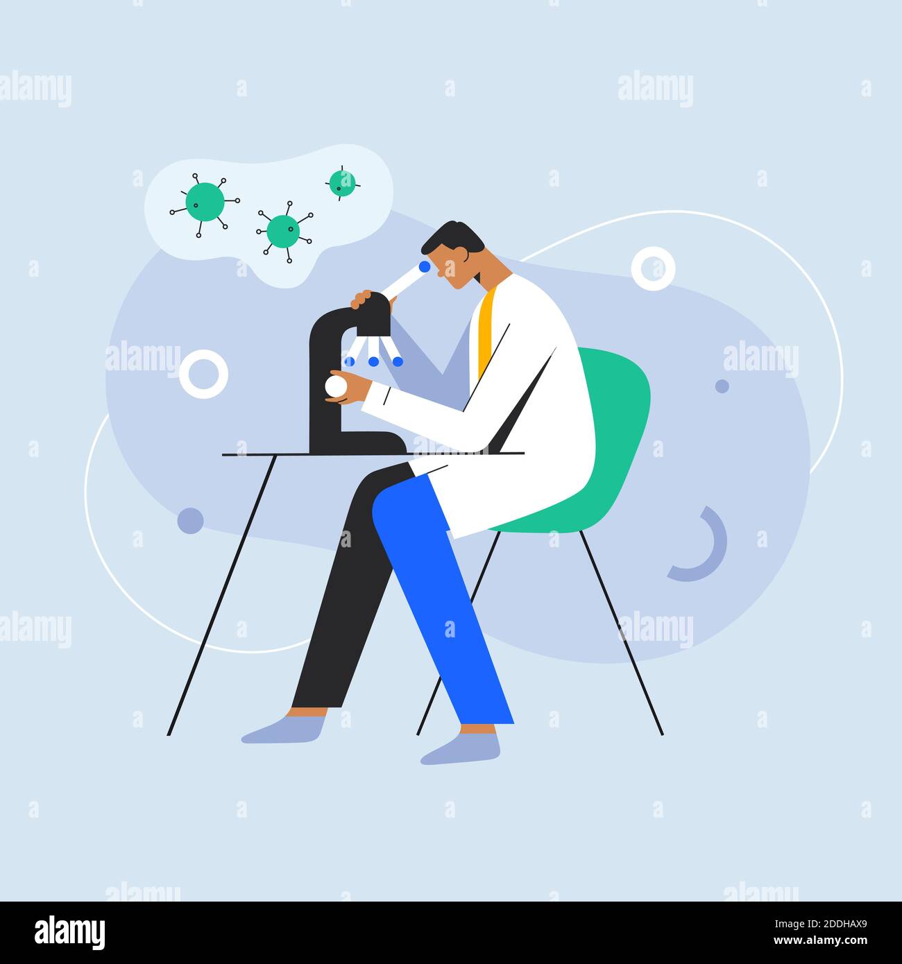 Medical doctor studying coronavirus under microscope in lab. Covid virus medical research, vector cartoon character. Stock Vector