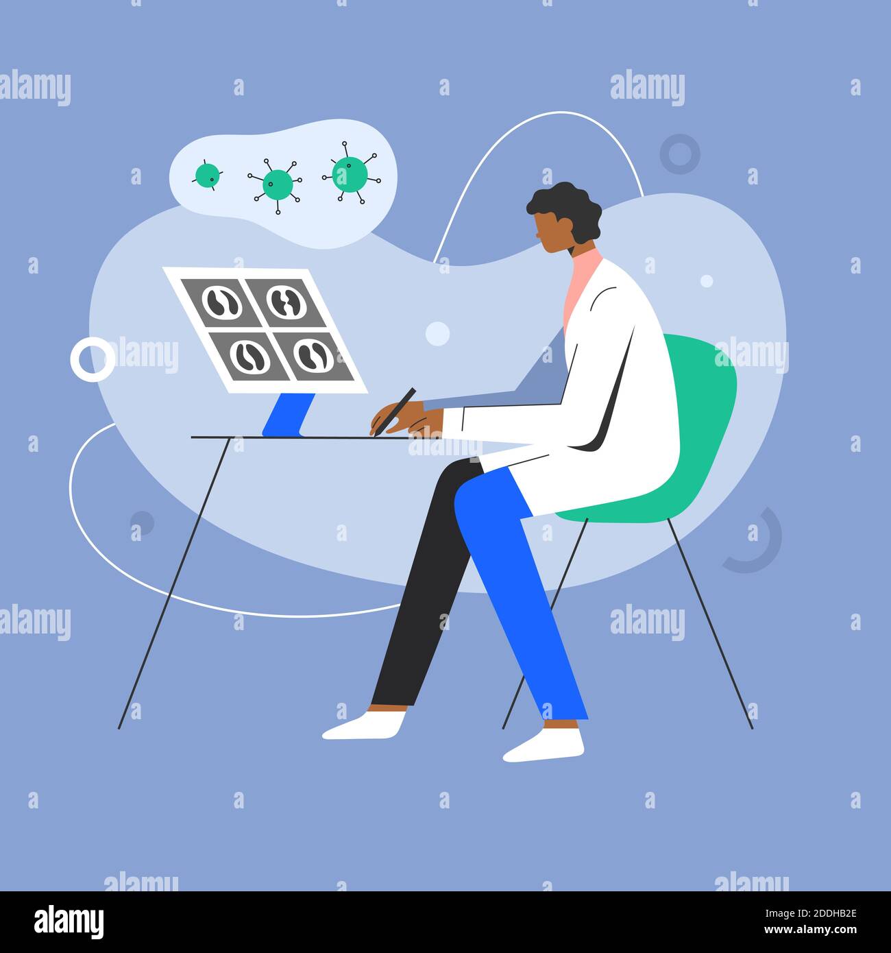 Medical doctor studies CT scan results. Coronavirus research concept. Vector illustration. Scientist checking lungs xray.  Stock Vector