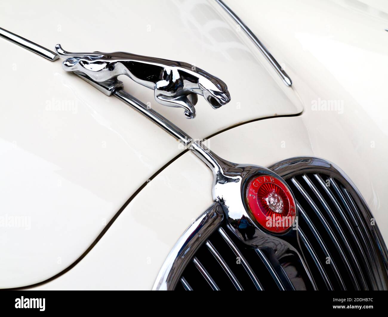 Detail of bonnet and radiator on a Jaguar Mark 2 3.4 Litre a mid sized luxury sports saloon car produced in Coventry England from 1959 until 1967. Stock Photo