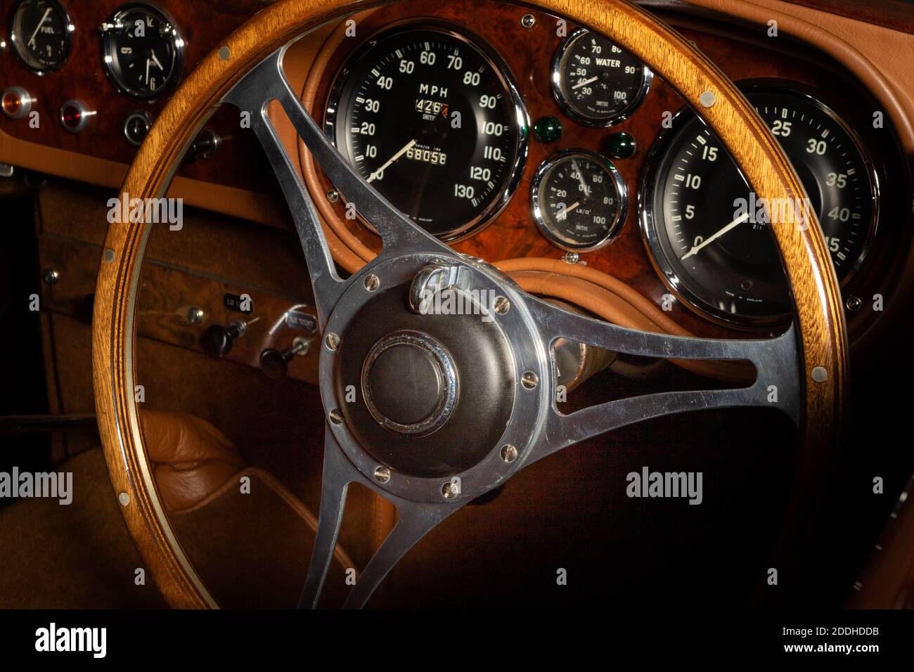 1960 AC Aceca, interior view of steering wheel and dashboard, Studio 434 car collection Stock Photo
