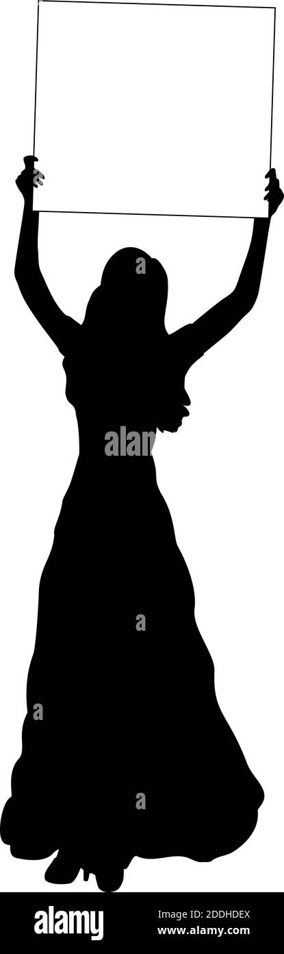 Silhouette woman holds banner placard blank white sheet for text space. Illustration symbol icon Stock Vector