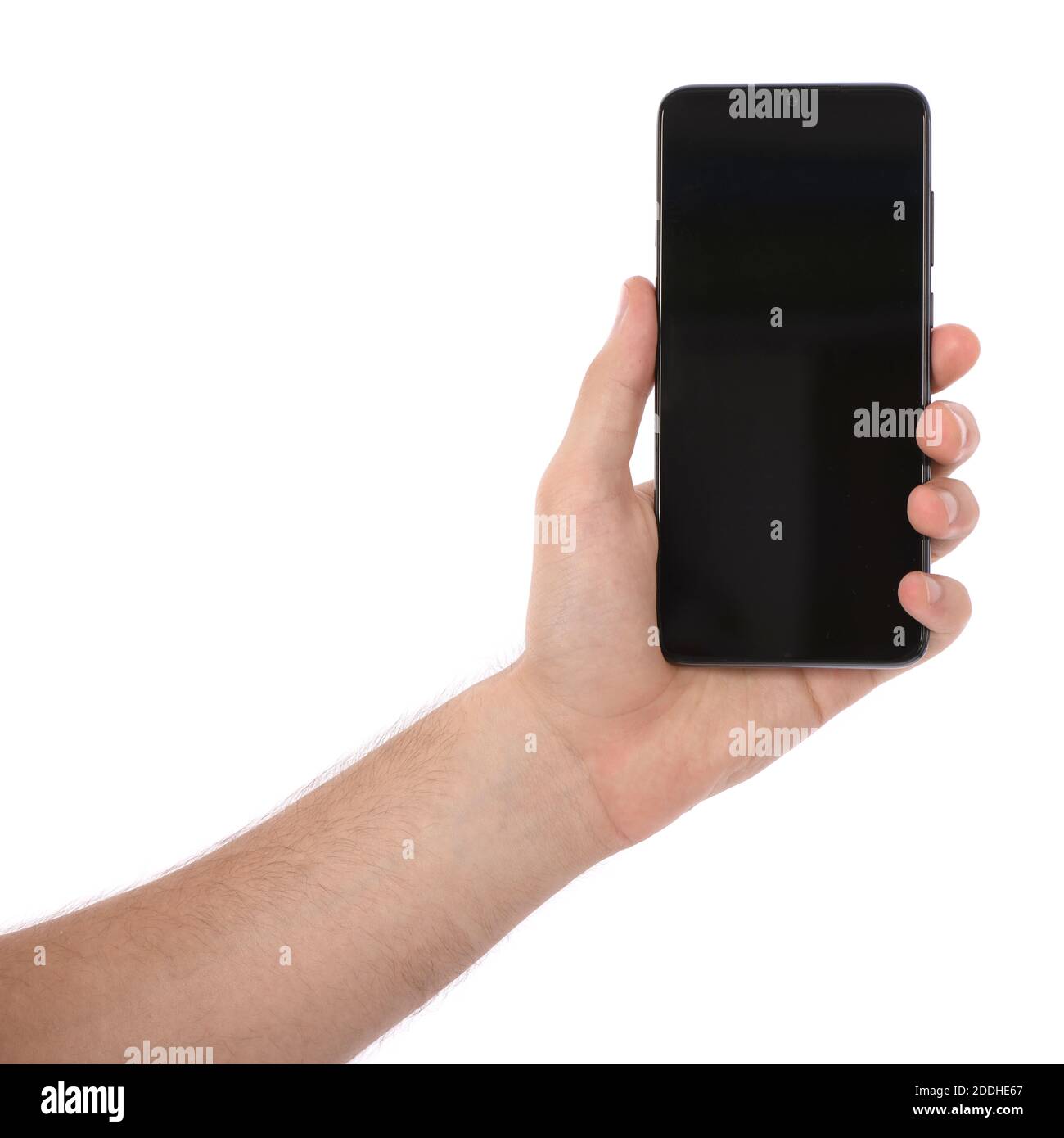 Man hand holding the black smartphone with blank screen. isolated on ...
