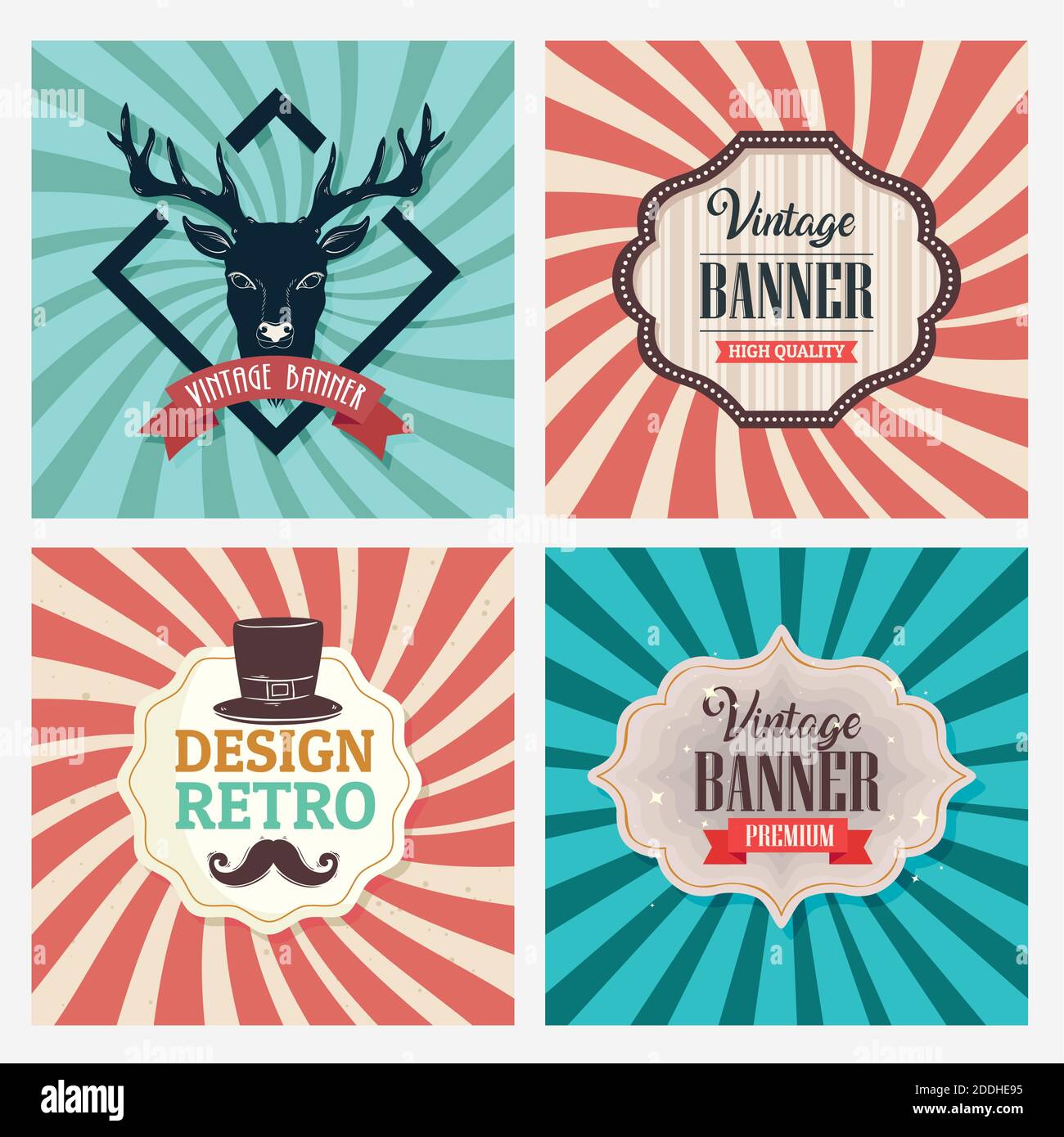 bundle of four vintage banners with sunburst retro background Stock Vector