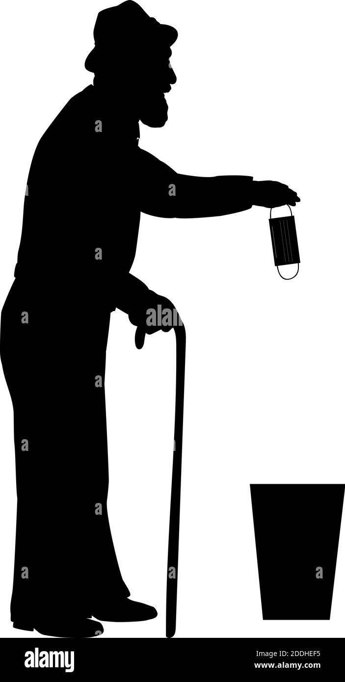 Silhouette of grandfather throws medical mask into trash. Illustration symbol icon Stock Vector