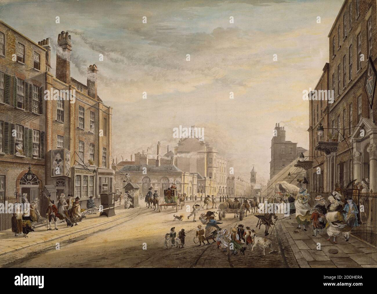 London, View Towards Hanover Square Showing Holles Street, 1773-1791 James Miller, Social history, 18th Century, Watercolour, England, London, Street scene Stock Photo