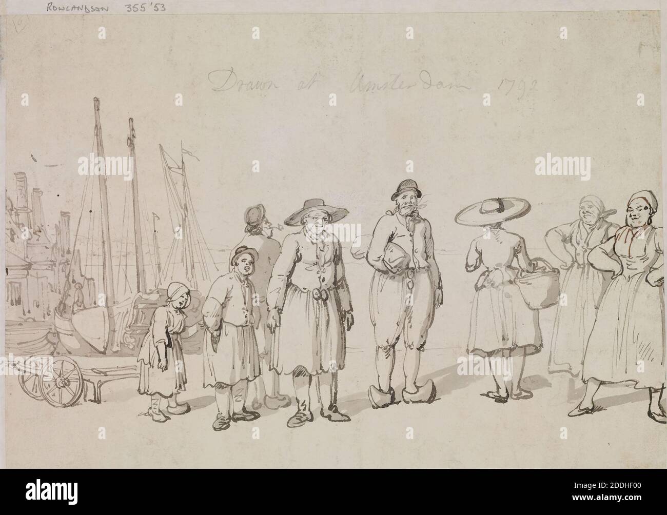 Verso Sketch of Dutch fisherfolk, Amsterdam, 1792 Thomas Rowlandson, On verso: Sketch of Dutch fisherfolk and inscribed by the artist, 'Drawn at Amsterdam 1792' Recto: Pier at Amsterdam., Drawing, Watercolour, Ink, Netherlands, Harbour, Pen Stock Photo