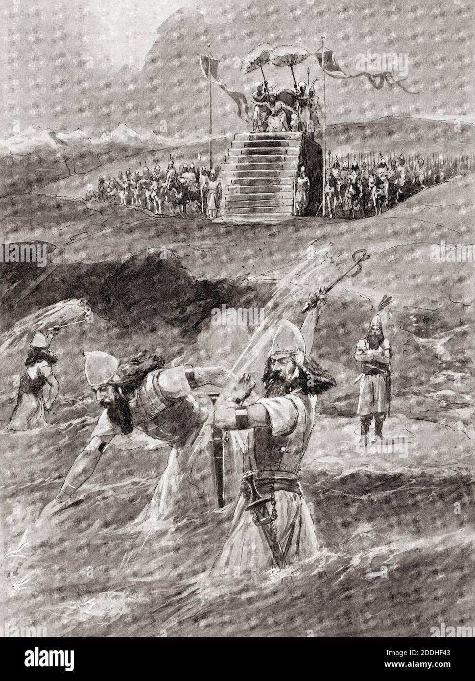 Xerxes has the sea scourged.  Herodotus reported that the incident happened on the Hellespont when a storm destroyed his pontoon bridges frustrating the king of the Archaemenid Empire’s first attempt to pass his army over the straits and invade Greece.  Herodotus says the King’s second attempt wass successful.  After a work by John Steeple Davis. Stock Photo