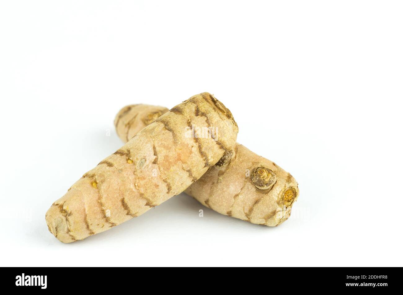 A closeup shot of tumeric roots isolated on a white background Stock Photo