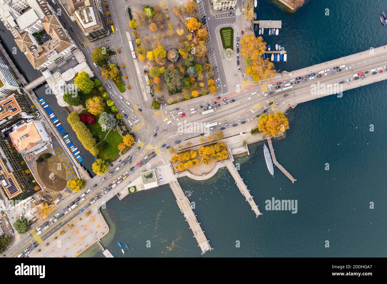 Top down aerial view of the Zurich waterfront area where the Limmat river meets lake Zurich in Switzerland Stock Photo