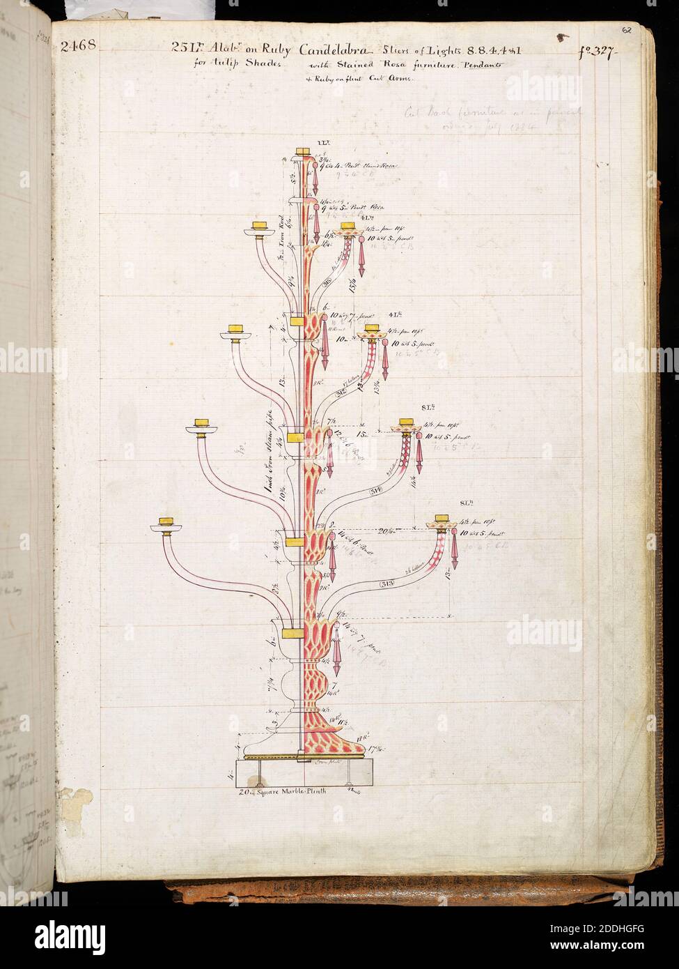 Glass Furniture design, Osler Design Pattern Book, 25 Light Alabaster On Ruby Candelabra, 5 Tiers, 1850-1900, Designer: F & C Osler Stock Photo